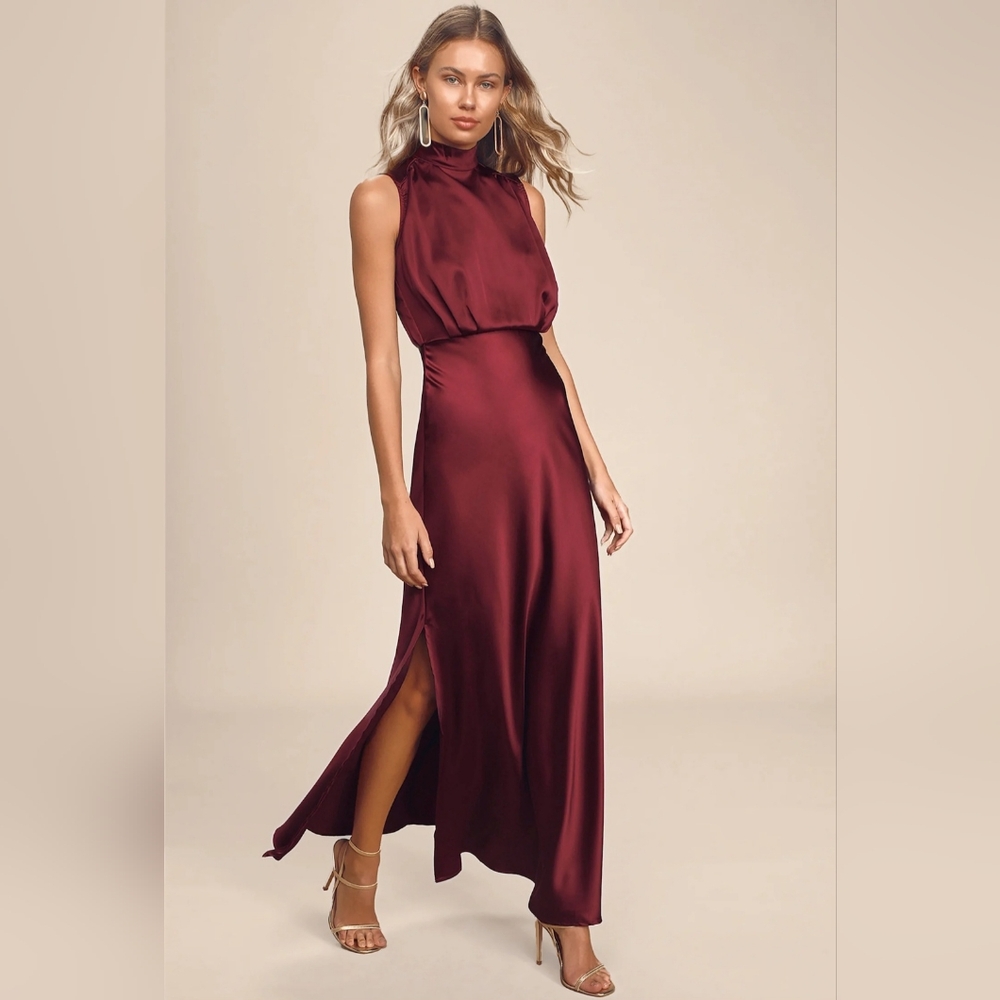 Lulus - Classic Elegance Wine Satin Maxi Dress - Picture 4 of 7